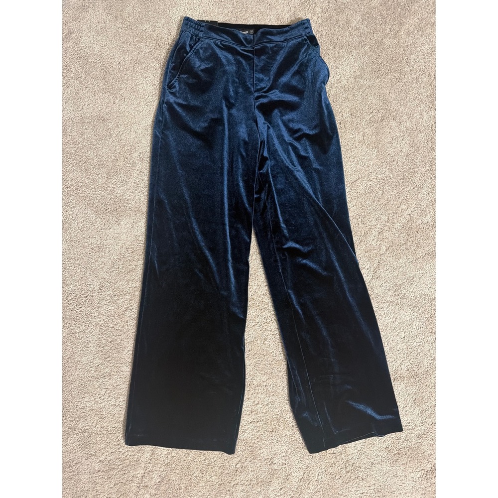 Navy Blue Velvet Wide Leg Trousers High Waisted Dress Pants Evening Wear